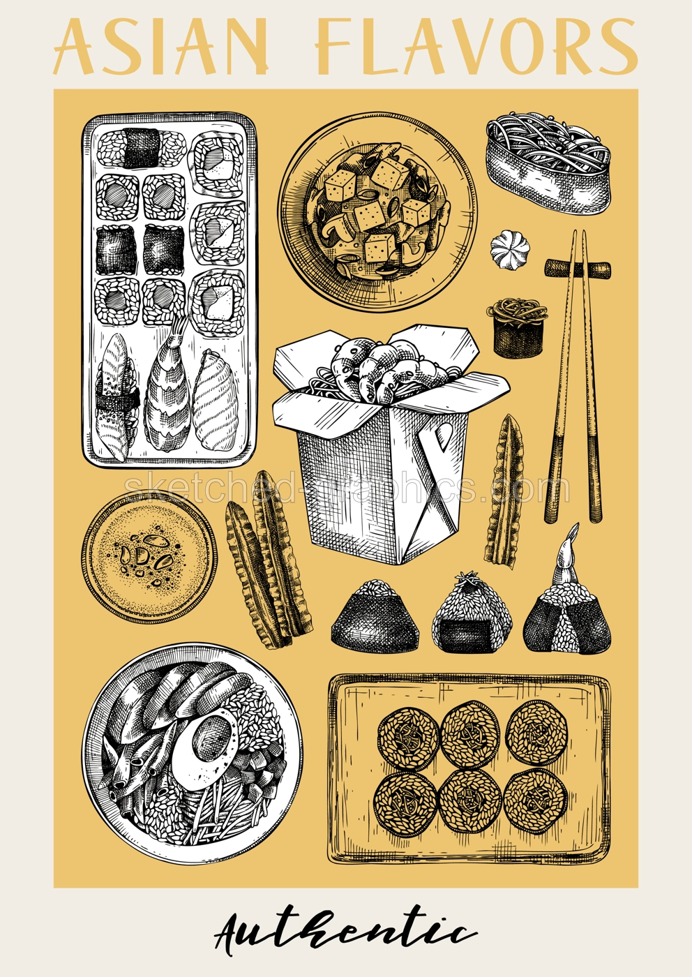 Asian food hand-drawn vector illustrations in engraved style. Street food poster template. Japanese cuisine menu design. NOT AI generated Illustration
